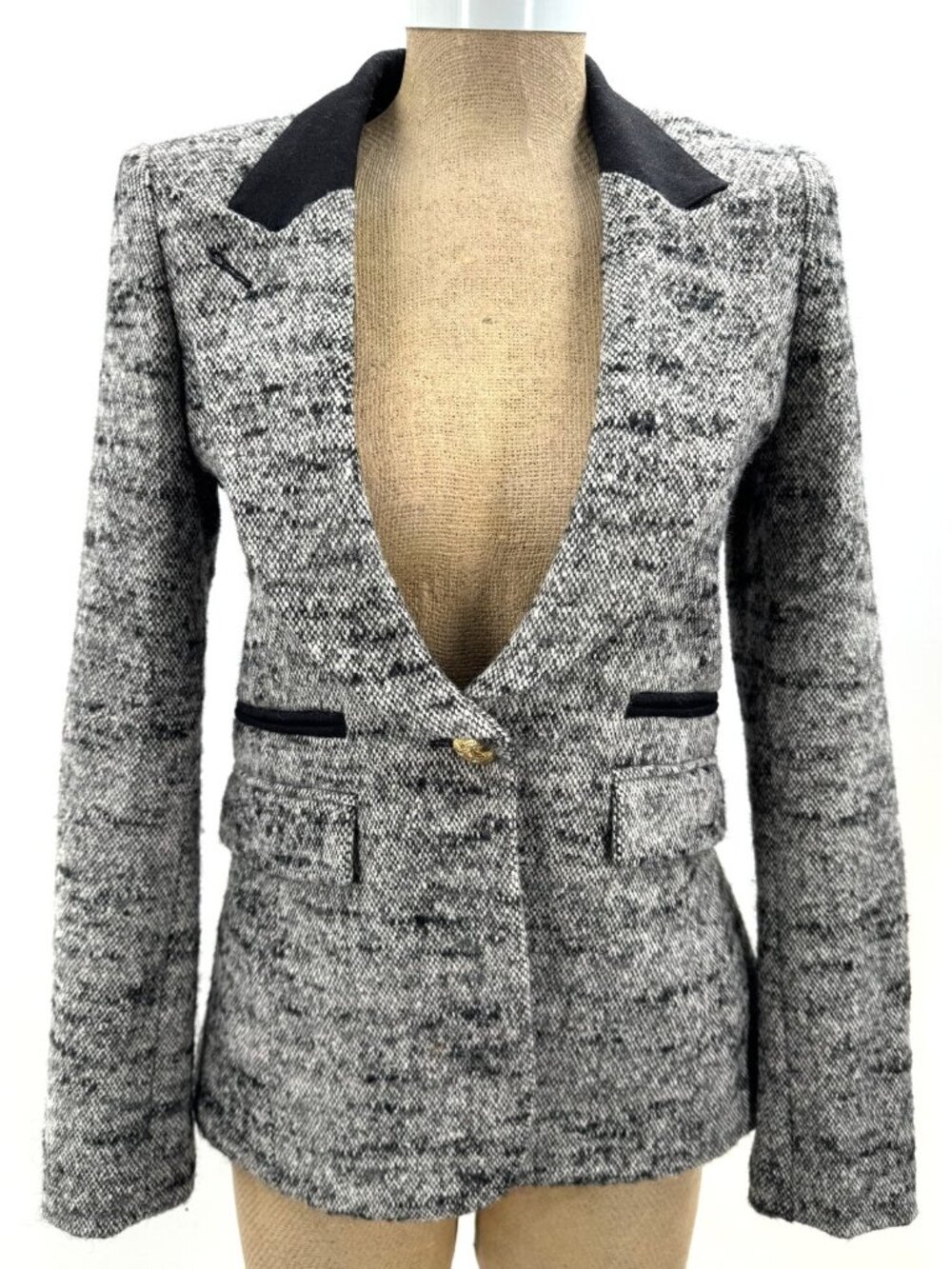 SMYTHE Duchess Grey Black Tweed Wool Silk Alpaca Blend Peaked Lapel Blazer Sz 4